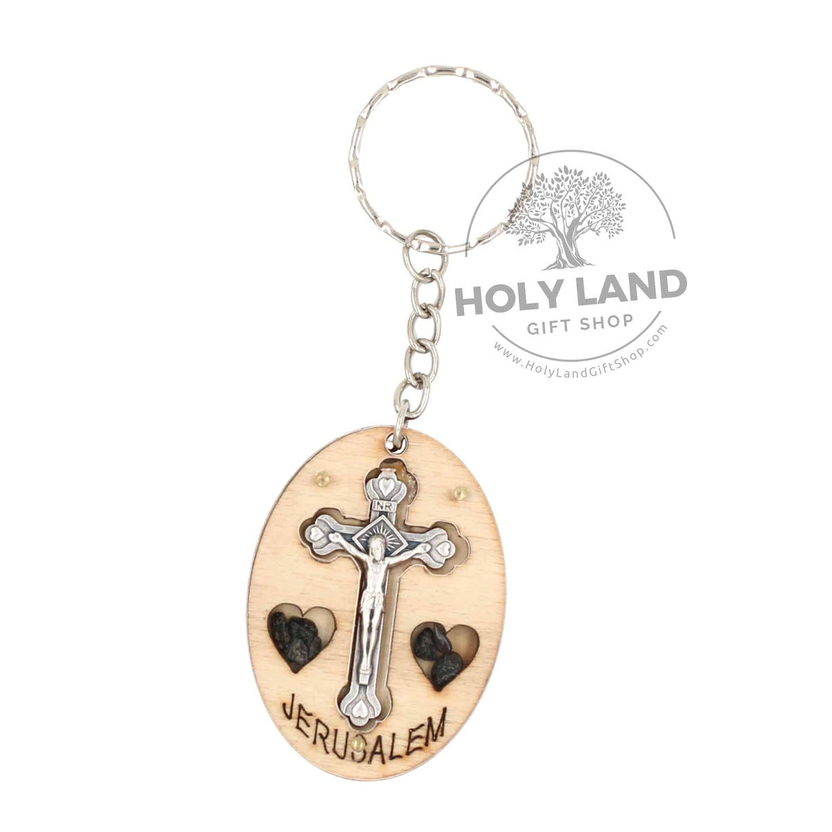 Oval Carved Olive Wood Key Chain with Crucifix - Holy Land Gift Shop ...