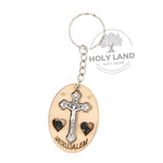 Oval Carved Olive Wood Key Chain with Crucifix from the Holy Land