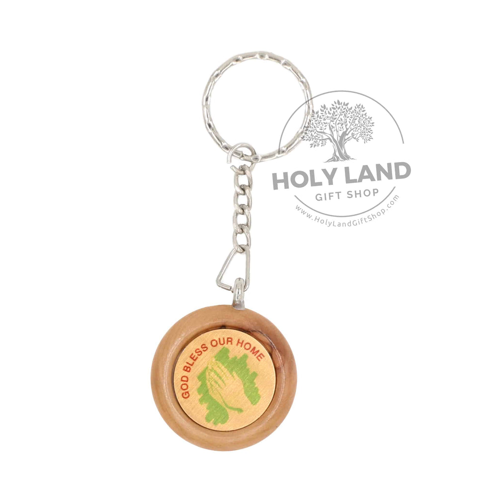 Round Olive Wood Key Chain with Bless our Home from the Holy Land