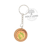 Round Olive Wood Key Chain with Bless our Home from the Holy Land