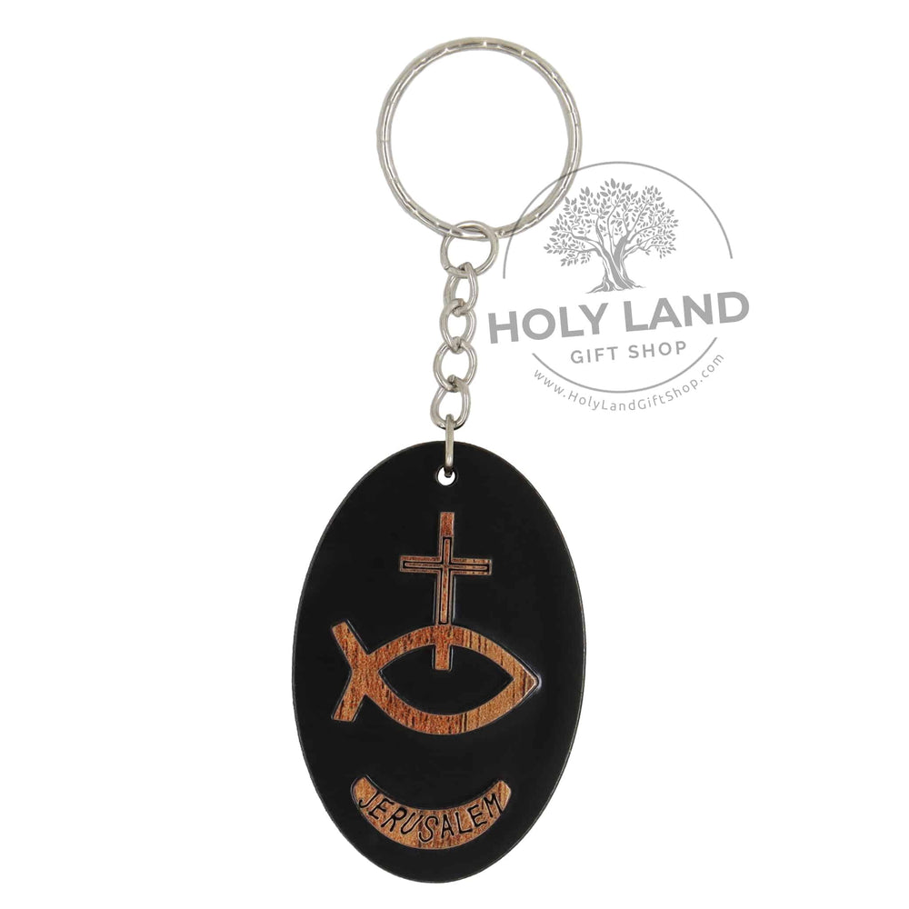 Holy Land Sacred Symbol Olive Wood Keychain