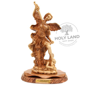 
                  
                    Load image into Gallery viewer, Saint Michael the Archangel in Holy Land Olive Wood Pedestal Carving Front View
                  
                