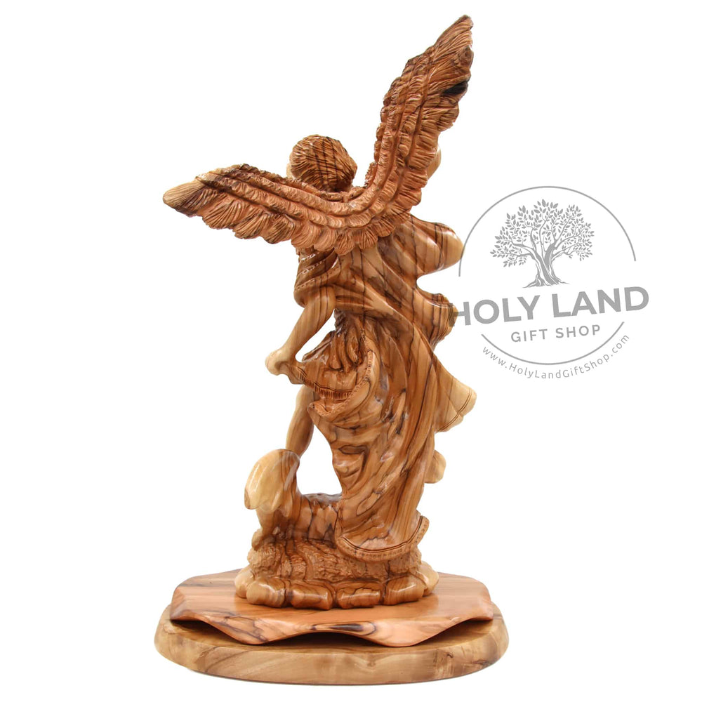 
                  
                    Load image into Gallery viewer, Saint Michael the Archangel in Holy Land Olive Wood Pedestal Carving Back View
                  
                