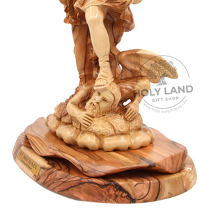 
                  
                    Load image into Gallery viewer, Saint Michael the Archangel in Holy Land Olive Wood Pedestal Carving Close Up
                  
                