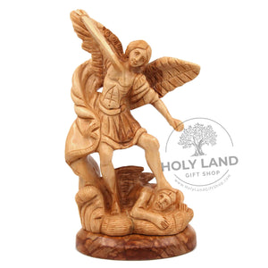 
                  
                    Load image into Gallery viewer, Saint Michael Bethlehem Hand Carved Olive Wood Statue Crushing Satan Front View
                  
                