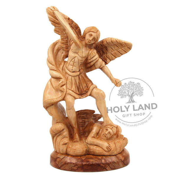 Saint Michael Crushing Satan Olive Wood Statue - Holy Land Gift