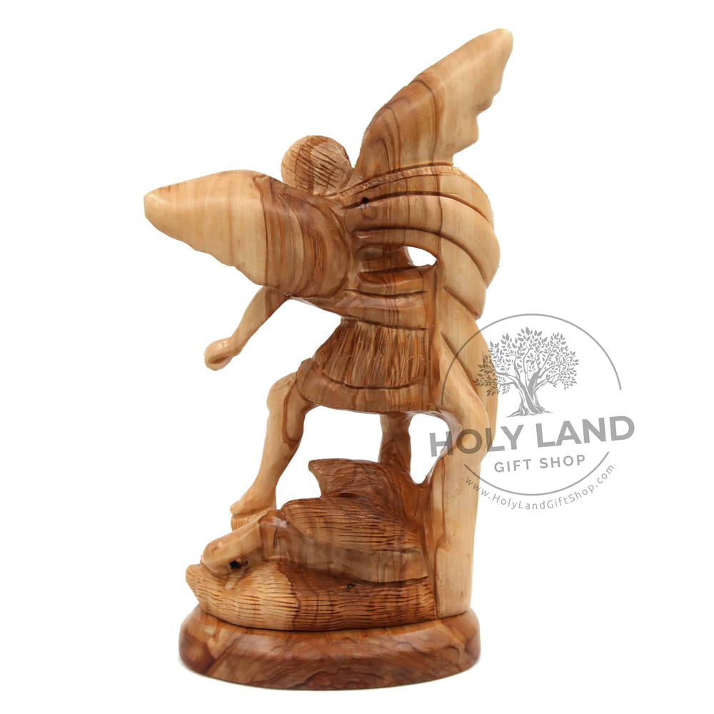 
                  
                    Load image into Gallery viewer, Saint Michael Bethlehem Hand Carved Olive Wood Statue Crushing Satan Back View
                  
                