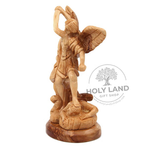 
                  
                    Load image into Gallery viewer, Saint Michael Bethlehem Hand Carved Olive Wood Statue Crushing Satan Right Side View
                  
                