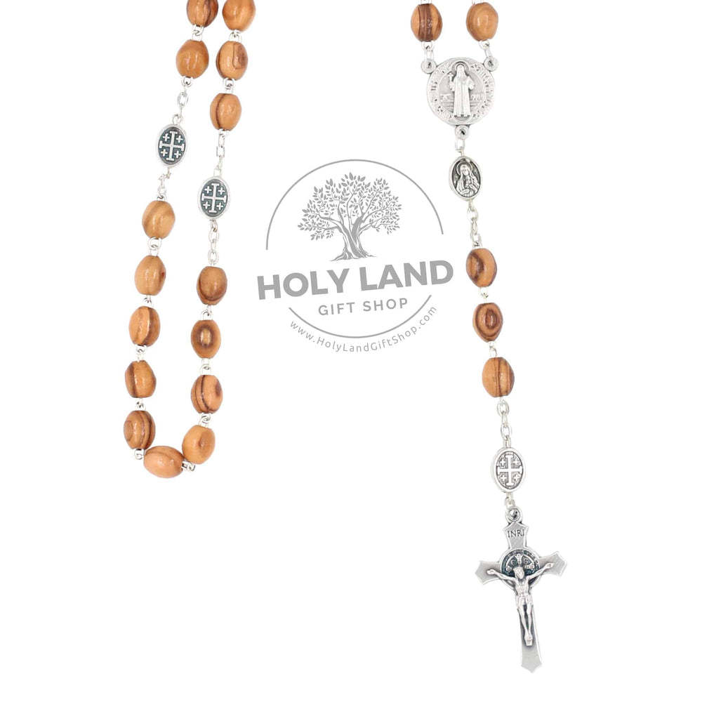St. Benedict Bethlehem Olive Wood Rosary from the Holy Land Close-Up View