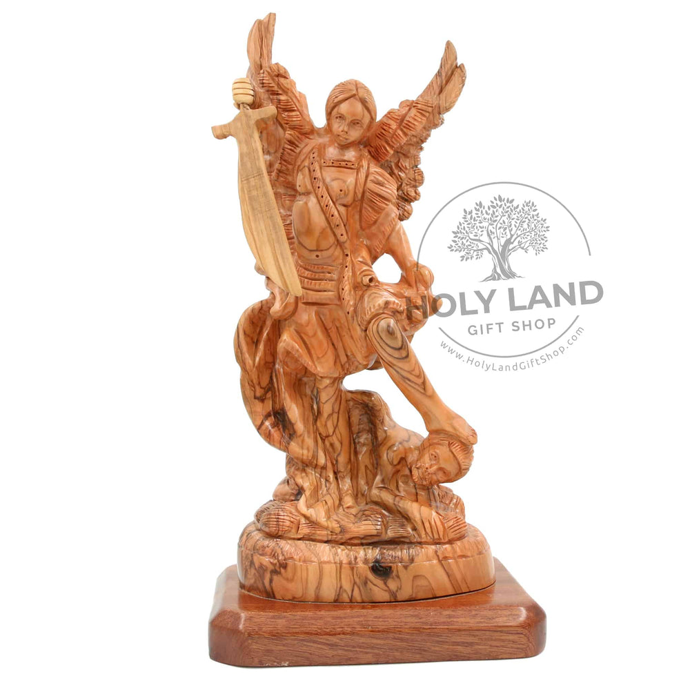 St. Michael Defeats Satan Carved in Bethlehem Olive Wood from the Holy Land Front View