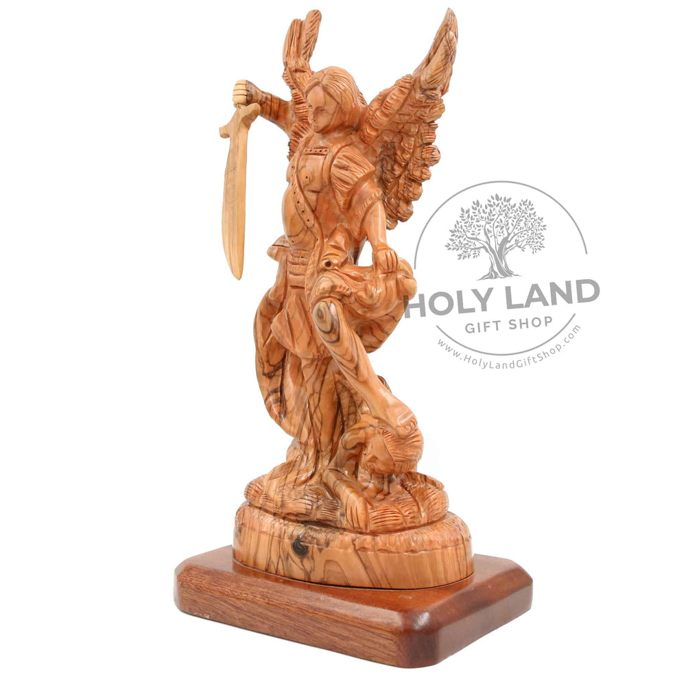 St. Michael Defeats Satan Carved in Bethlehem Olive Wood from the Holy Land Side View