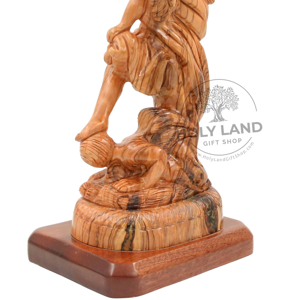 
                  
                    Load image into Gallery viewer, St. Michael Defeats Satan Carved in Bethlehem Olive Wood from the Holy Land Close-Up View
                  
                