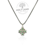 Sterling Popcorn Necklace with Green Gemstones and Jerusalem Cross from the Holy Land