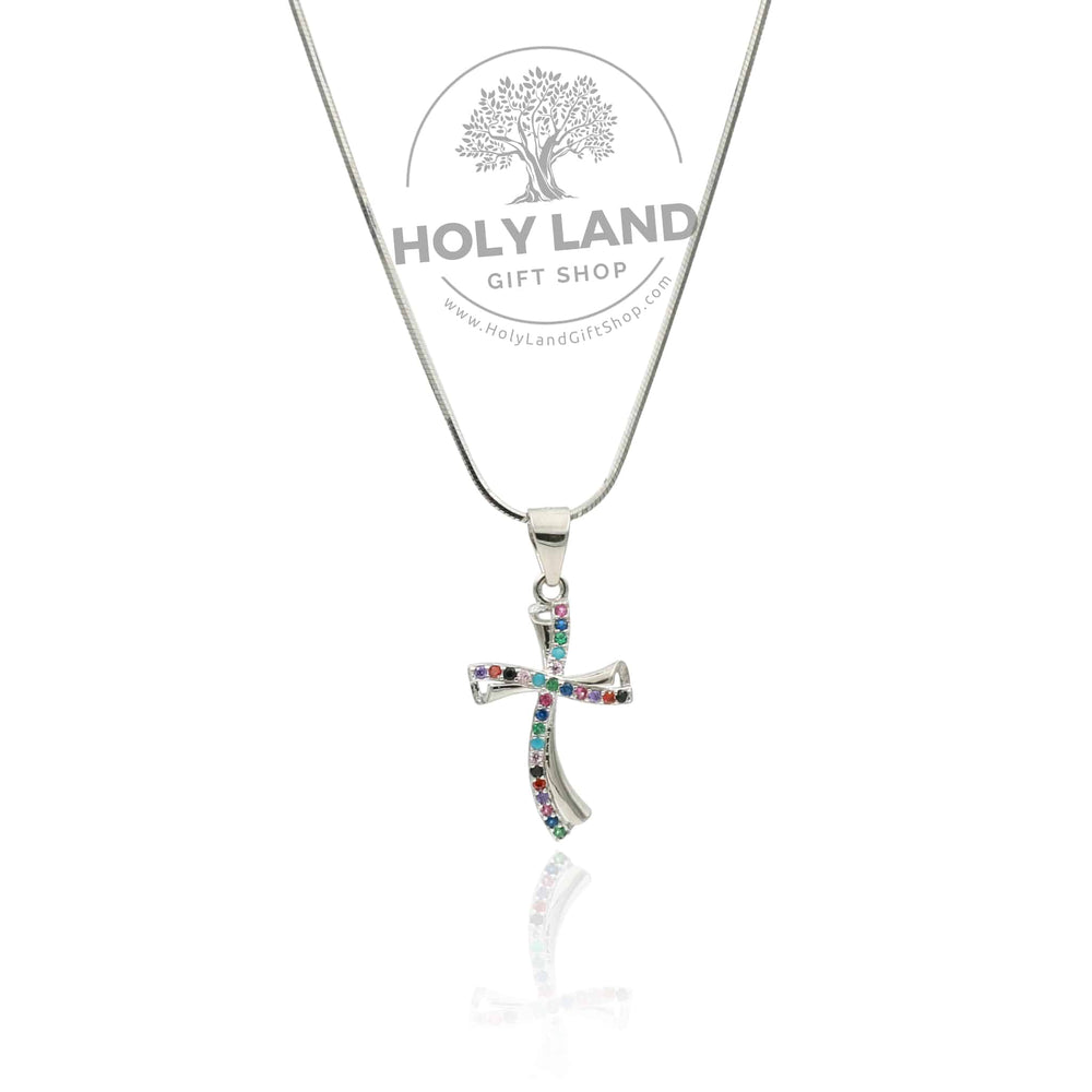 Handmade Sterling Silver 45 CM Colored Gemstones Cross  from Holy Land Gift Shop