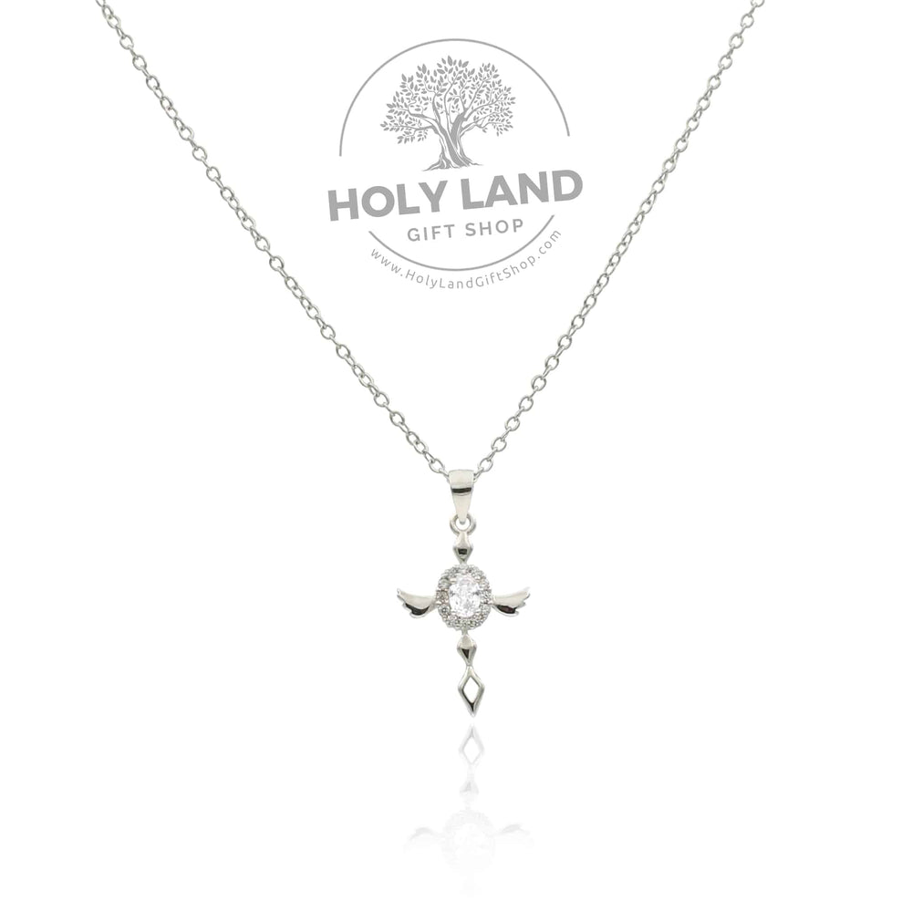 925 Sterling Silver Cross with White Gemstone from the Holy Land