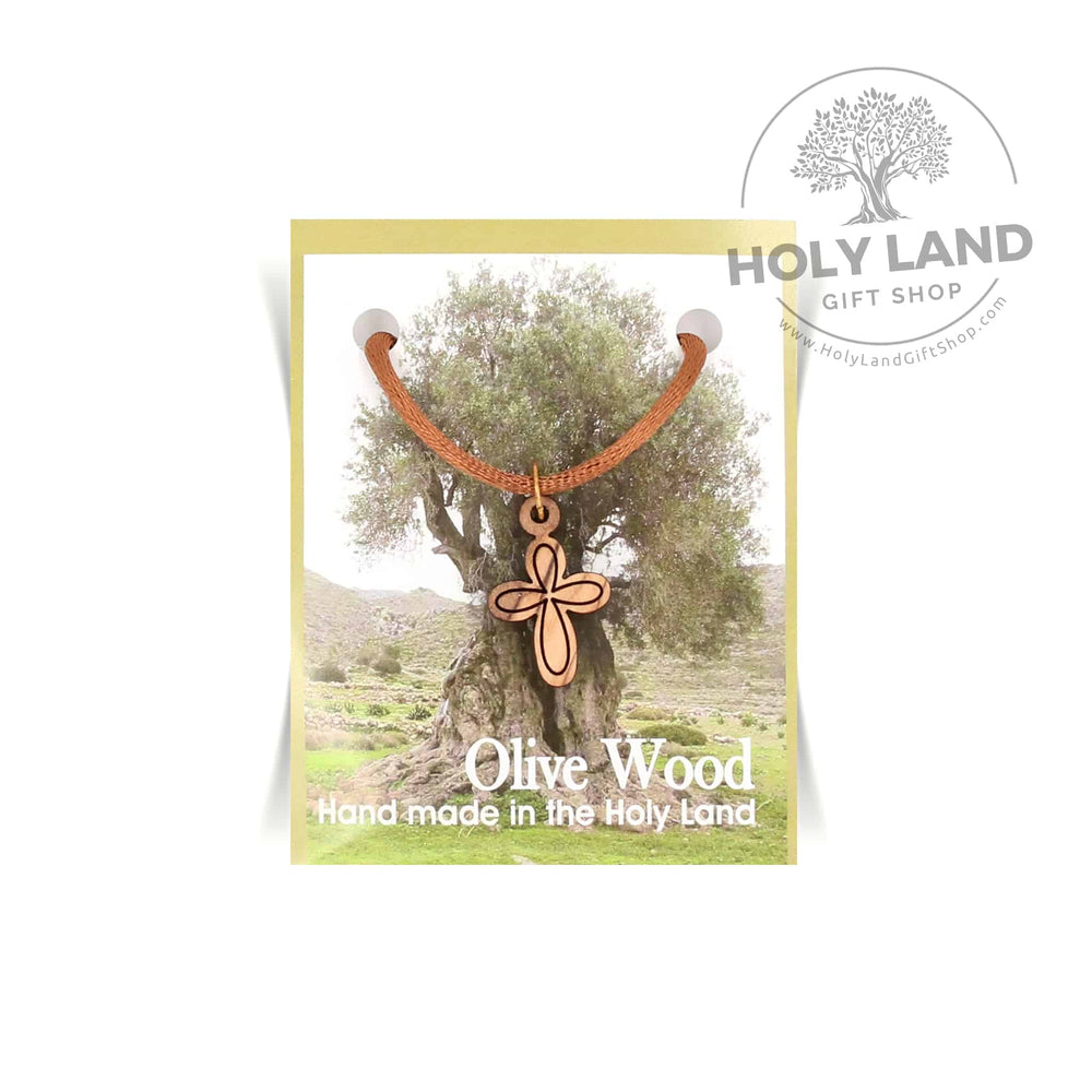 Stylized Bethlehem Olive Wood Cross on Cord from the Holy Land