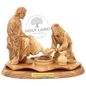 
                  
                    Load image into Gallery viewer, The Master Becomes a Servant Handicraft Bethlehem Olive Wood Statue Front View
                  
                