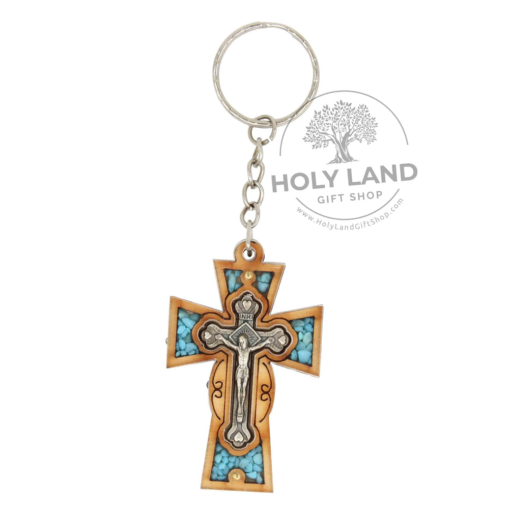 Turquoise and Holy Land Olive Wood Keychain Cross