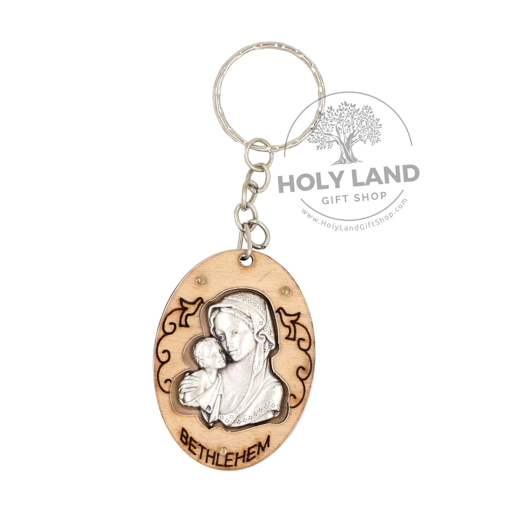 Virgin Mary and Baby Jesus Carved Bethlehem Olive Wood Key Chain from the Holy Land